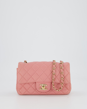 Chanel Pink Mini Rectangular Classic Flap Bag In Lambskin Leather with Champagne Gold Hardware