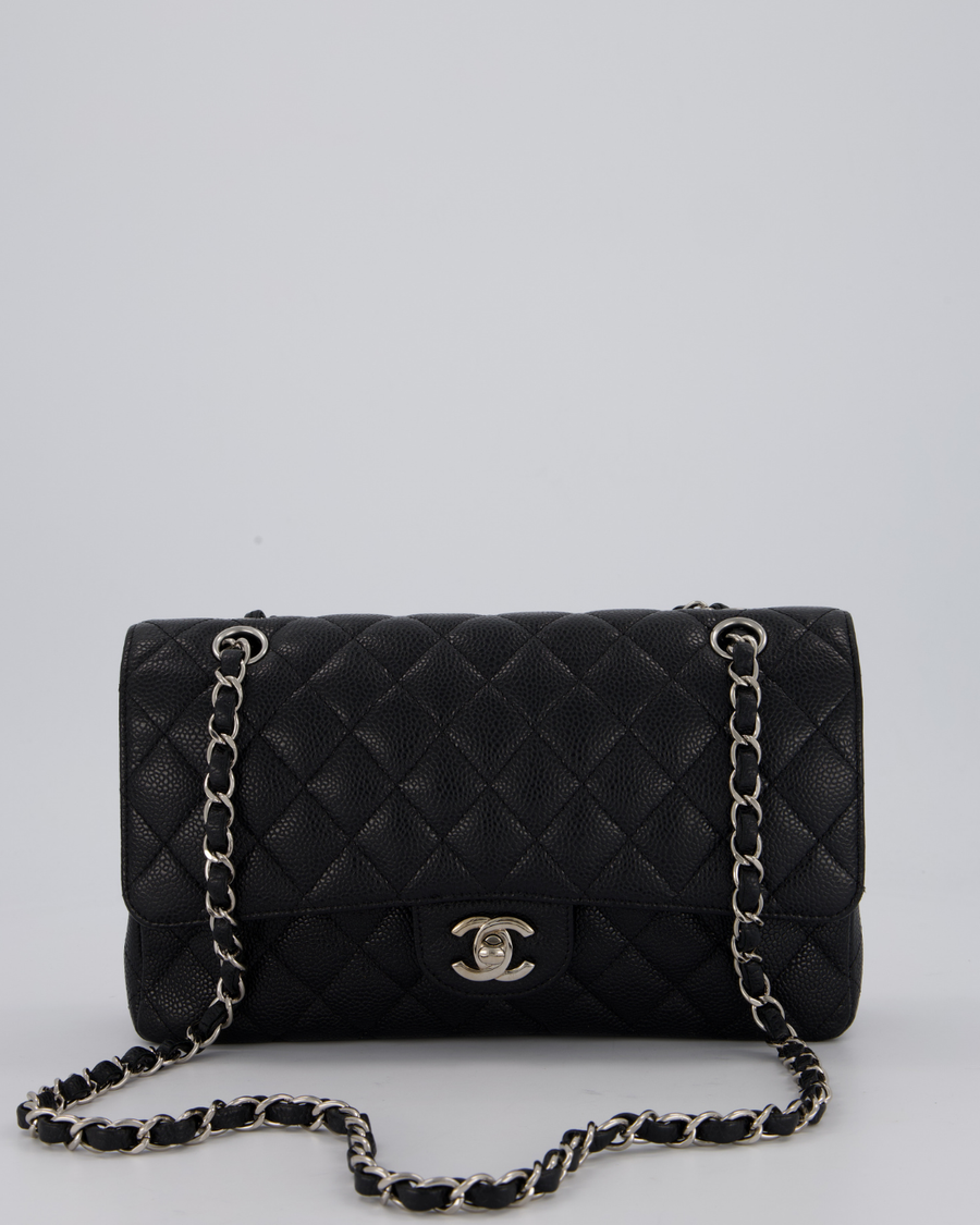 Chanel Medium Black Classic Double Flap Bag in Caviar Leather with Silver Hardware
