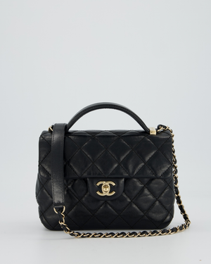 Chanel Black Crumpled Calfskin Top Handle Flap Bag with Champagne Gold Hardware