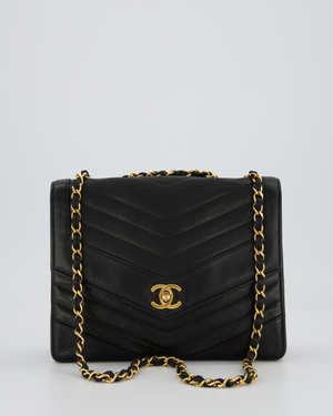 Chanel Vintage Square Chevron Single Flap Bag in Black Lambskin Leather with 24k Gold Hardware
