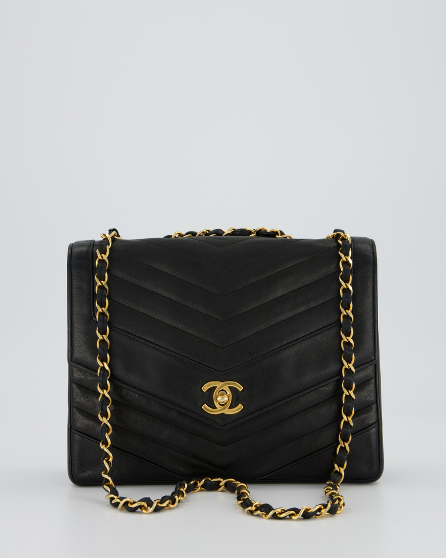 Chanel Vintage Square Chevron Single Flap Bag in Black Lambskin Leather with 24k Gold Hardware