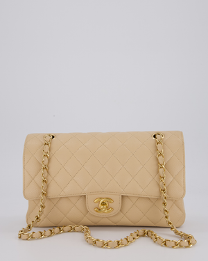 Chanel Beige Classic Medium Double Flap Bag in Caviar Leather with Gold Hardware