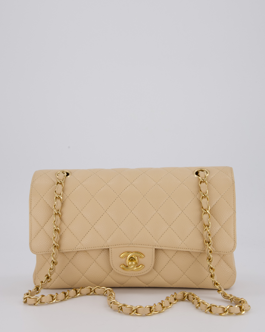 Chanel Beige Classic Medium Double Flap Bag in Caviar Leather with Gold Hardware