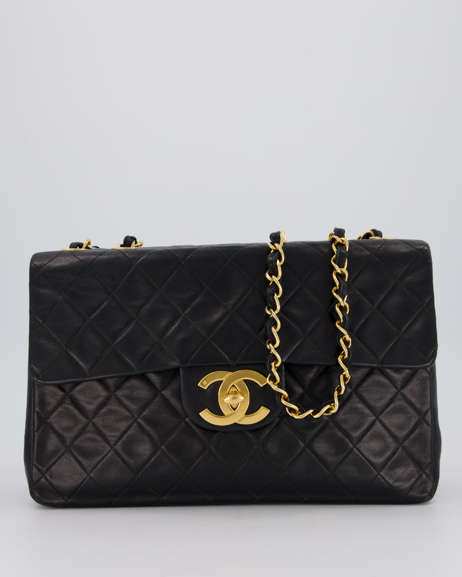 Chanel Black Vintage Maxi Jumbo XL Flap Bag in Lambskin with 24K Gold Hardware
