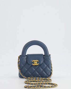 Chanel Slate Blue Nano Kelly Shopping Bag in Aged Lambskin Leather with Brushed Gold Hardware