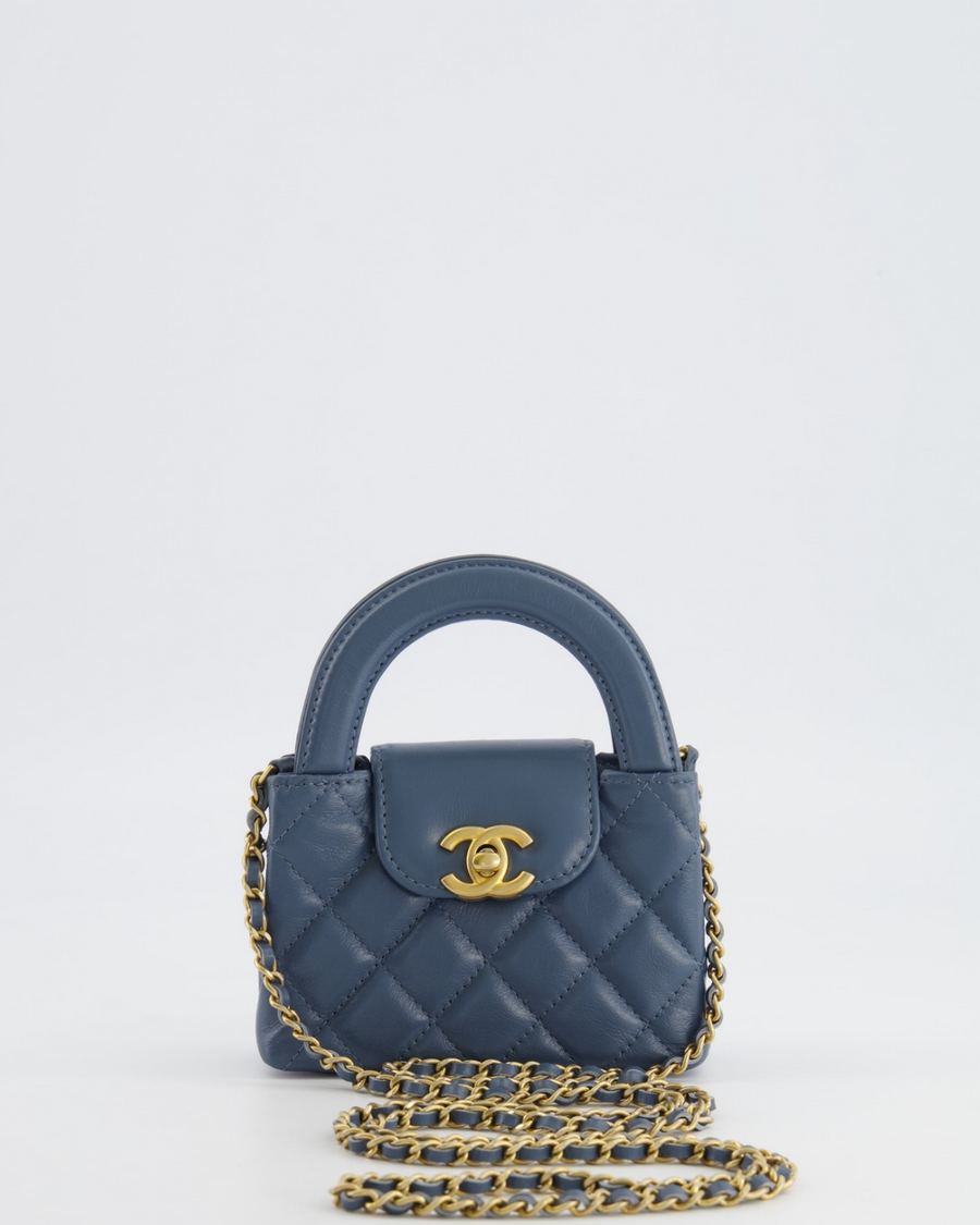 Chanel Slate Blue Nano Kelly Shopping Bag in Aged Lambskin Leather with Brushed Gold Hardware