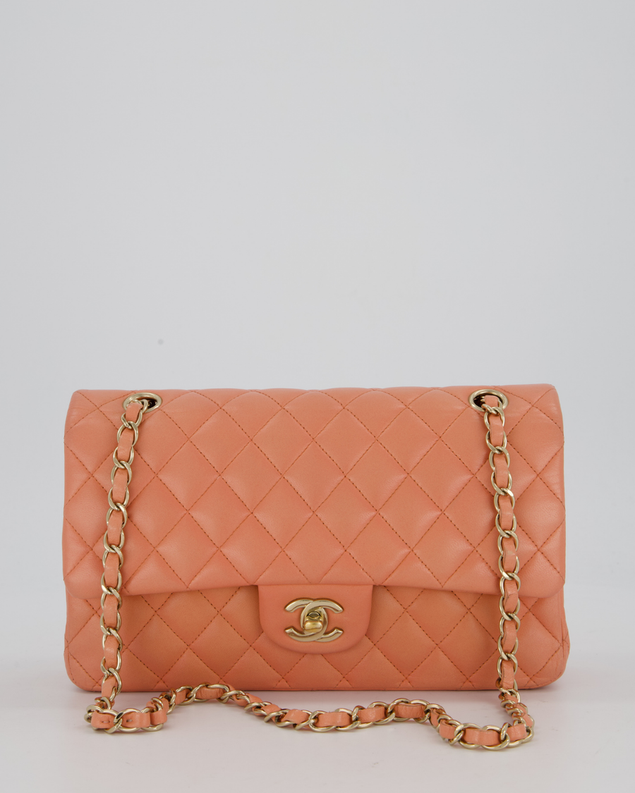 Chanel Peach Pink Medium Classic Double Flap Bag in Lambskin Leather with Champagne Gold Hardware