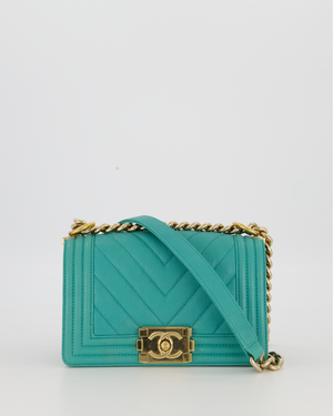 Chanel Mini Boy Bag in Teal Caviar Chevron Leather with Brushed Gold Hardware