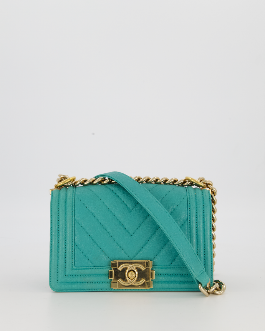 Chanel Mini Boy Bag in Teal Caviar Chevron Leather with Brushed Gold Hardware