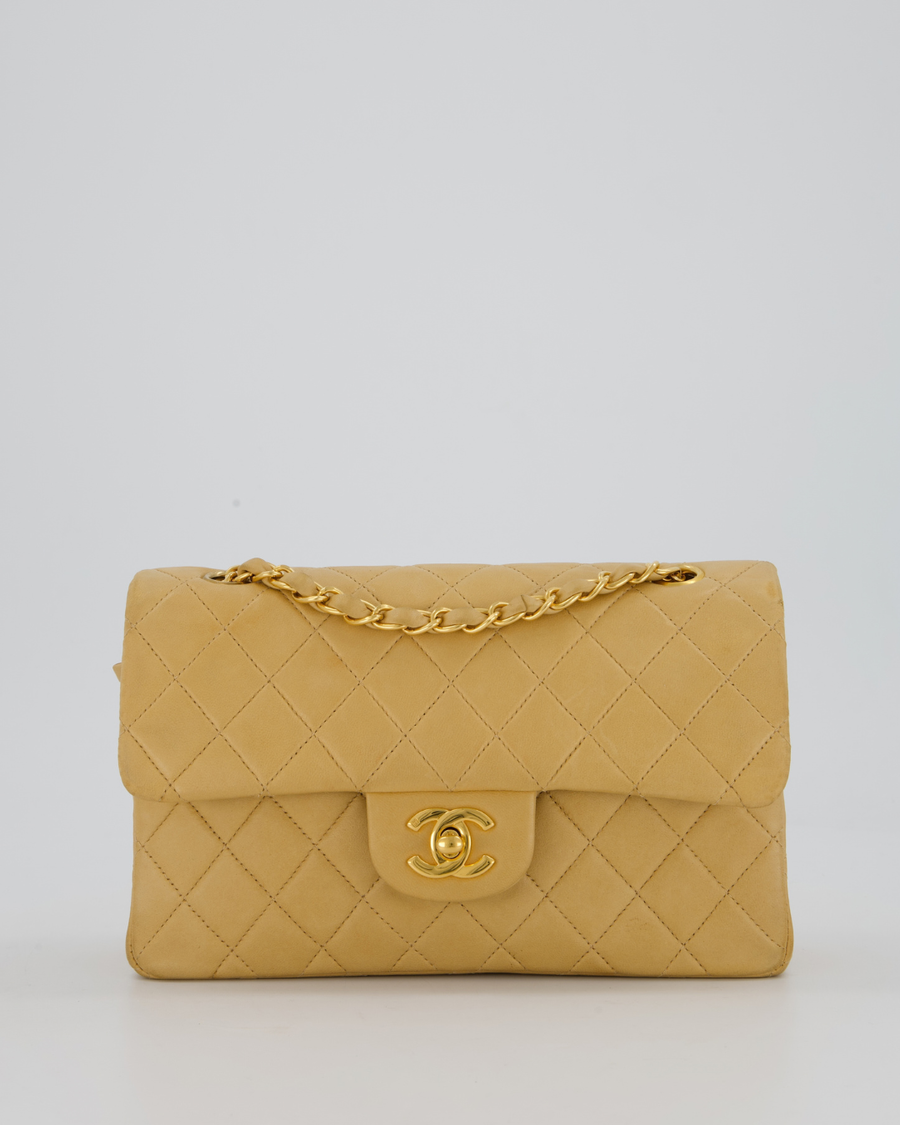 Chanel Vintage Beige Small Classic Double Flap Bag in Lambskin Leather with 24K Gold Hardware