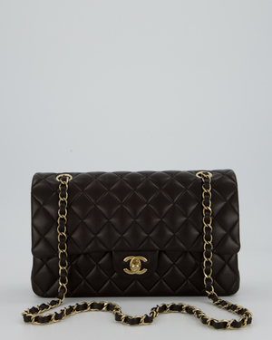 *HOT* Chanel Dark Chocolate Classic Medium Double Flap Bag in Lambskin Leather with Champagne Gold Hardware