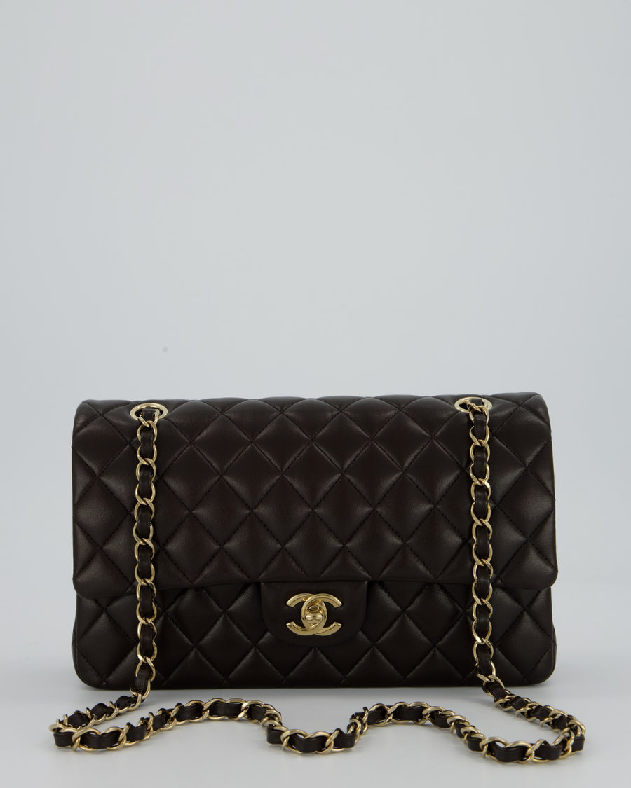 *HOT* Chanel Dark Chocolate Classic Medium Double Flap Bag in Lambskin Leather with Champagne Gold Hardware