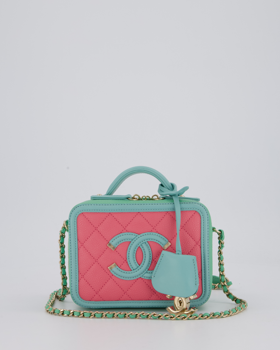 Chanel Tricolour Caviar Leather Vanity Case Bag with Blue CC Leather Logo Detail