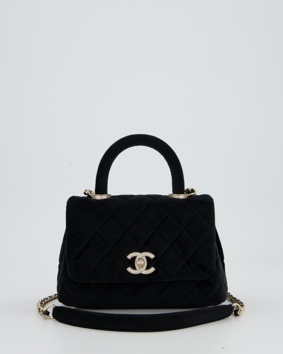 Chanel Mini Coco Top Handle In Black Velvet with Crystal-Encrusted Hardware