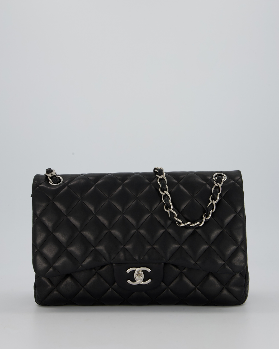 Chanel Black Jumbo Classic Double Flap Bag in Lambskin Leather with Silver Hardware
