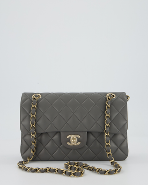 *HOT* Chanel Grey Small Classic Double Flap Bag in Lambskin Leather with Champagne Gold Hardware