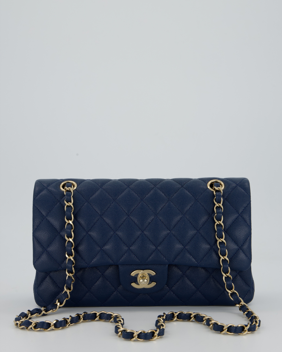 *HOT* Chanel Cobalt Blue Classic Medium Double Flap Bag in Caviar Leather with Champagne Gold Hardware