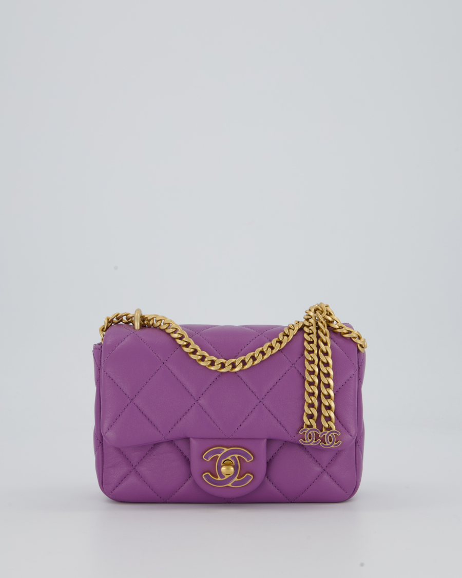 Chanel Purple Quilted Mini Square Chain Single Flap Bag In Lambskin Leather With Gold Hardware