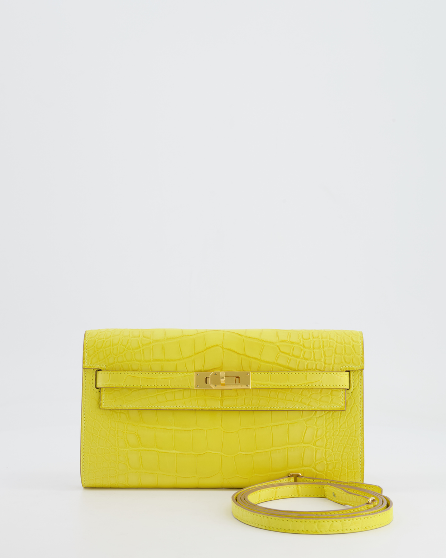 *RARE* Hermès Kelly To Go Bag in Jaune Mimosa Alligator Mississippiensis Leather with Gold Hardware