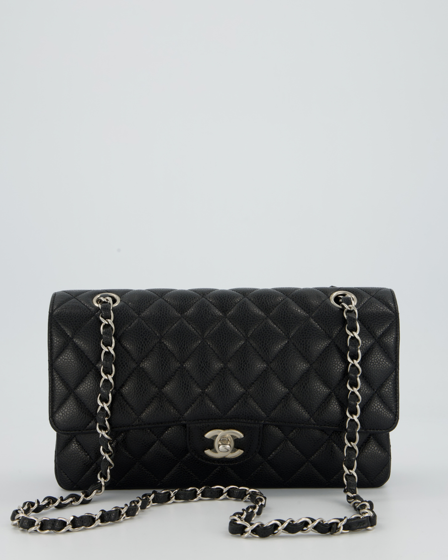Chanel Black Classic Medium Double Flap Bag in Caviar Leather with Silver Hardware
