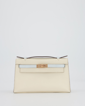 Hermès HSS Kelly Pochette Bag in Nata and Blue Brume Swift Leather with Rose Gold Hardware