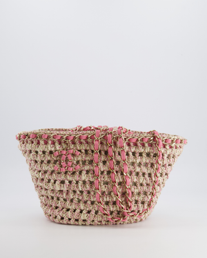 Chanel SS23 Small Crochet Shopping Tote Bag in Pink and Beige with Champagne Gold Hardware