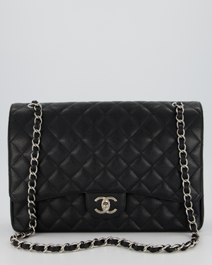 Chanel Maxi Classic Double Flap Bag in Black Caviar Leather with Silver Hardware
