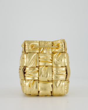 Bottega Veneta Aged Gold Intrecciatto Cassette Cross Body Bucket Bag in Calfskin Leather