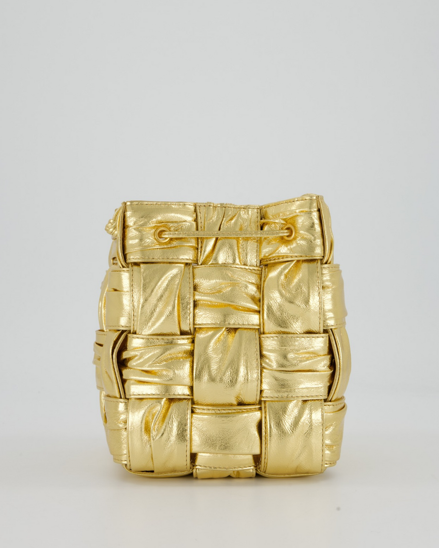 Bottega Veneta Aged Gold Intrecciatto Cassette Cross Body Bucket Bag in Calfskin Leather