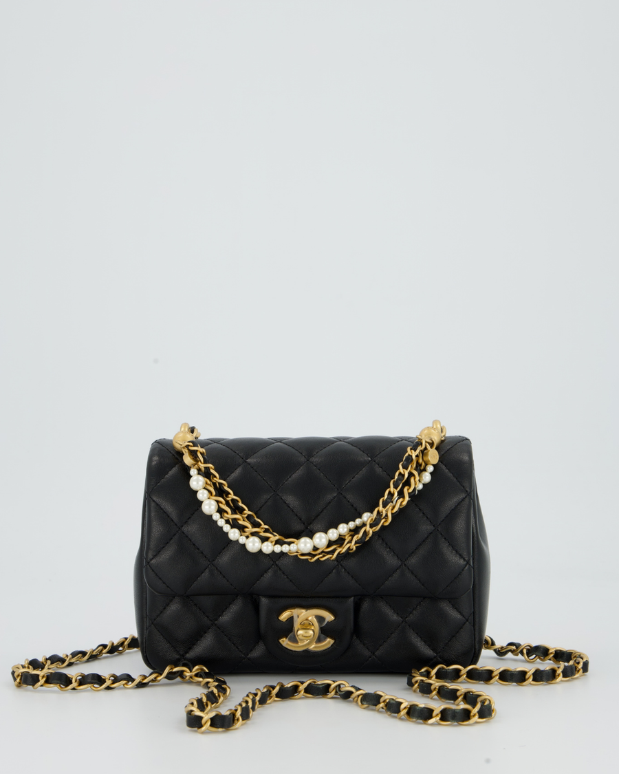 Chanel Black Pearl Twist Mini Square Single Flap Bag In Lambskin Leather With Gold Hardware