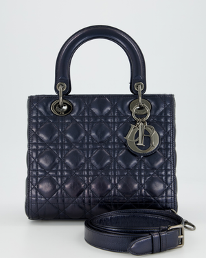 Christian Dior Medium Lady Dior Bag in Metallic Deep Blue Crinkled Lambskin Leather with Ruthenium Hardware
