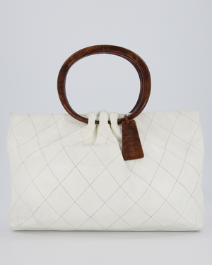 Chanel White Vintage Tote Bag in Quilted Lambskin with Tortoise Effect Resin Handles