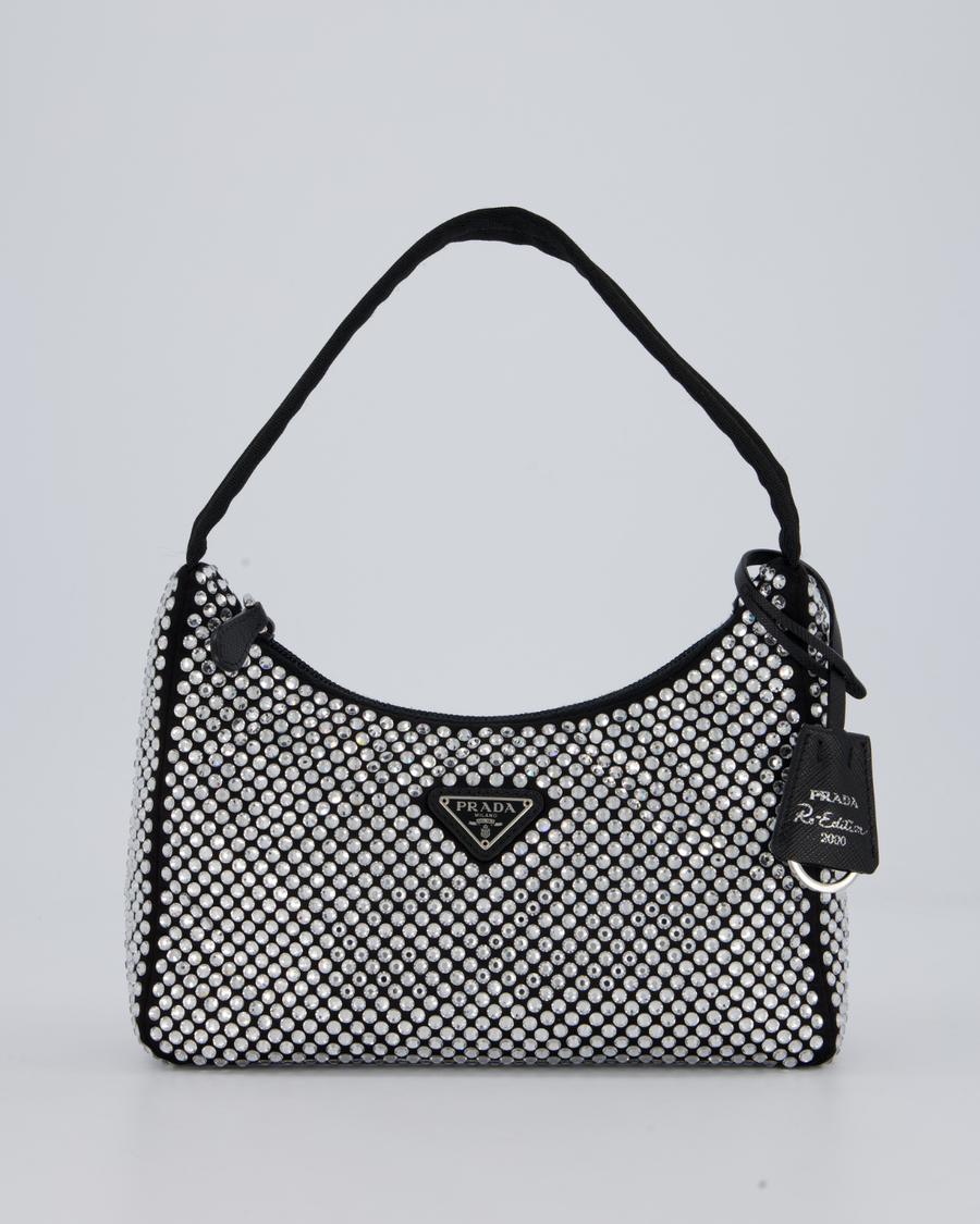 Prada Re-Edition 2000 Black and Silver Crystal Bag in Satin