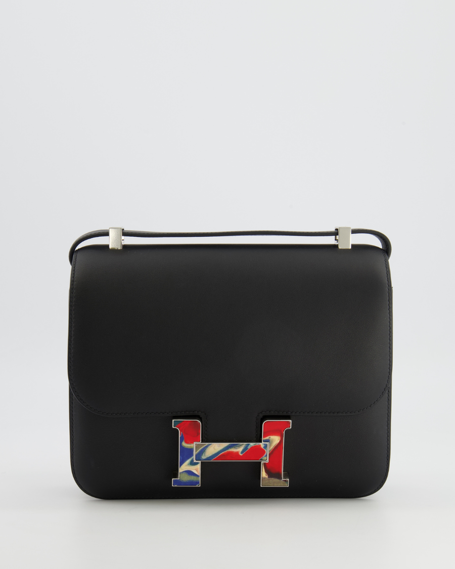 *LIMITED EDITION* Hermès Constance 24 Bag in Black Swift Leather with Red, Blue and Beige Marbled Palladium Hardware