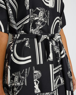 Hermès Black and White En Desorde Finesse Belted Silk Caftan Dress Size FR 40 (UK 12) RRP £2,770