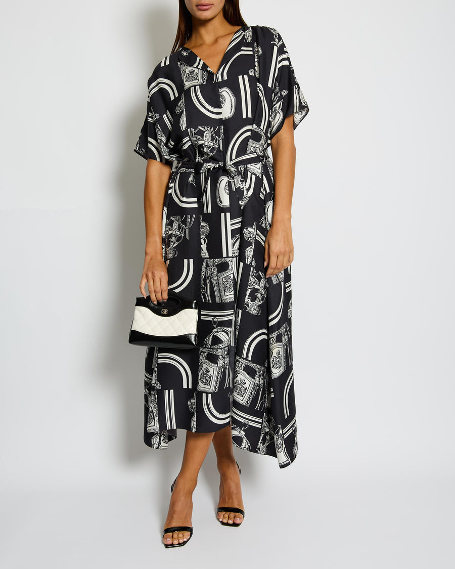 Hermès Black and White En Desorde Finesse Belted Silk Caftan Dress Size FR 40 (UK 12) RRP £2,770