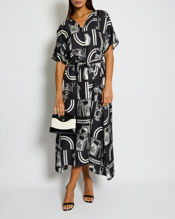 Hermès Black and White En Desorde Finesse Belted Silk Caftan Dress Size FR 40 (UK 12) RRP £2,770