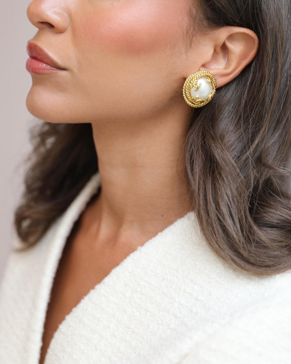 Chanel Vintage 95A Gold and Pearl Round CC Logo Textured Earrings