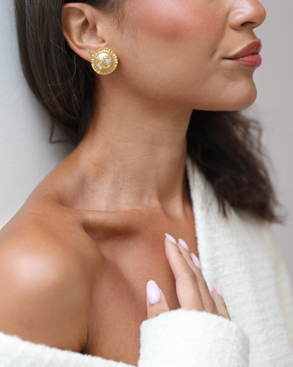 Chanel Vintage 94A Gold and Pearl Round CC Textured Earrings