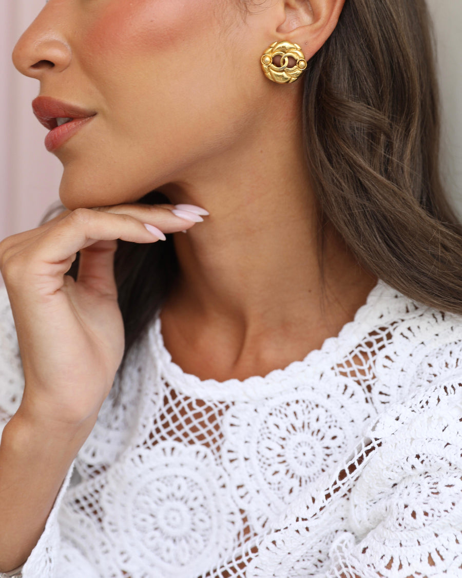 Chanel Vintage Yellow Gold Cut-Out Small Round Clip-On Earrings with CC Logo