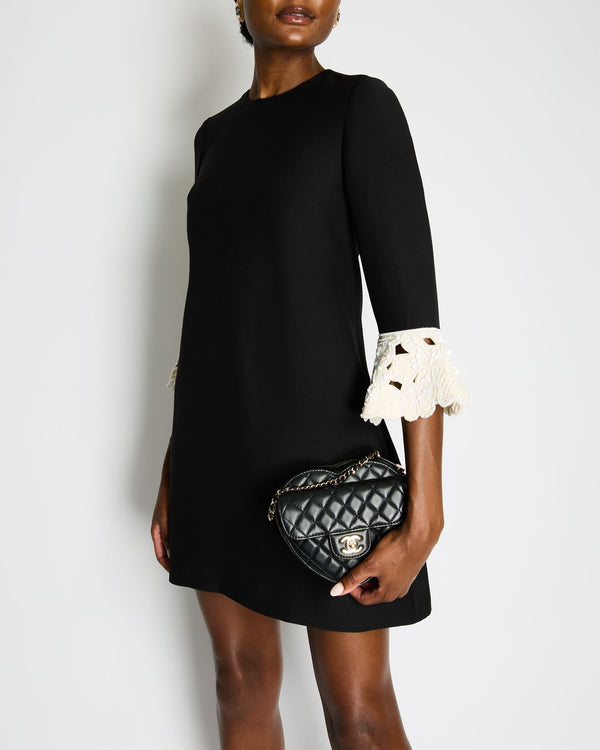 Valentino Black Mini Crepe Dress with Cream Embroidered Lace Sleeve Detail Size IT 38 (UK 6)