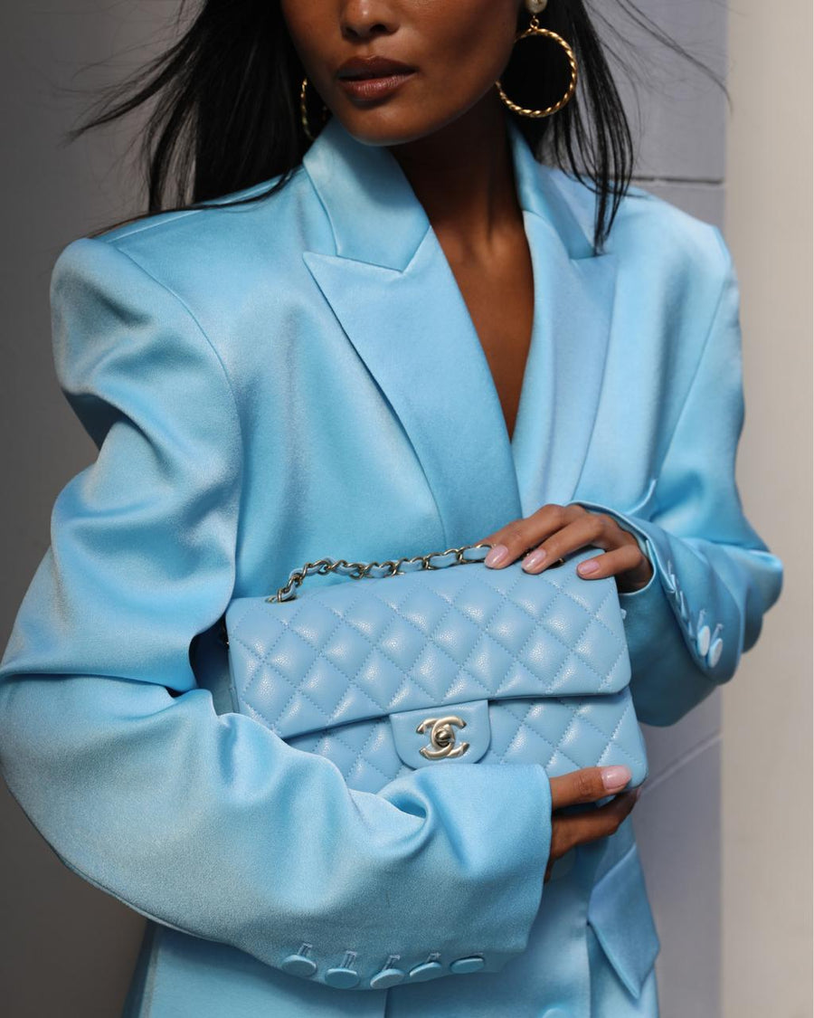 *HOT* Chanel Baby Blue Small Classic Double Flap Bag in Caviar Leather with Gold Hardware