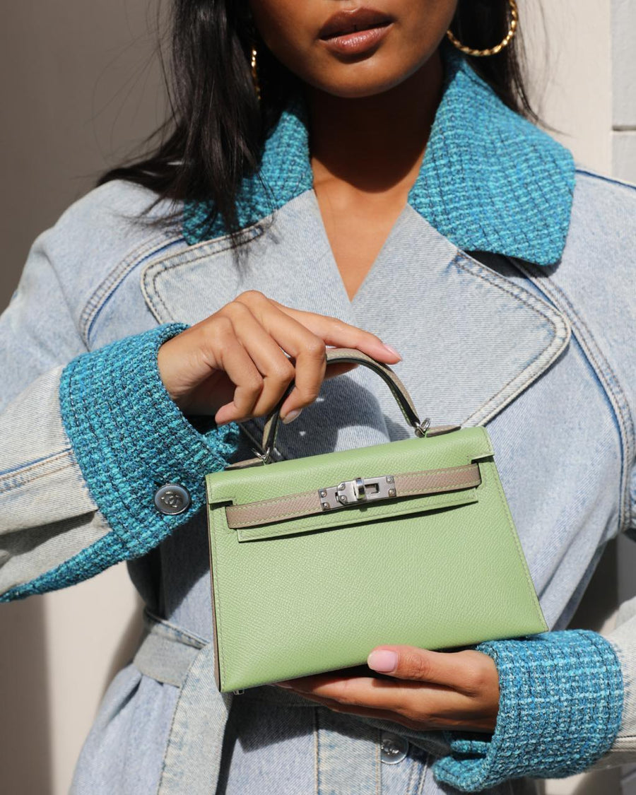 *SUPER RARE* Hermès HSS Mini Kelly II 20 Bag in Vert Criquet & Gris Asphalte Epsom Leather with Contrast Stitching and Palladium Hardware