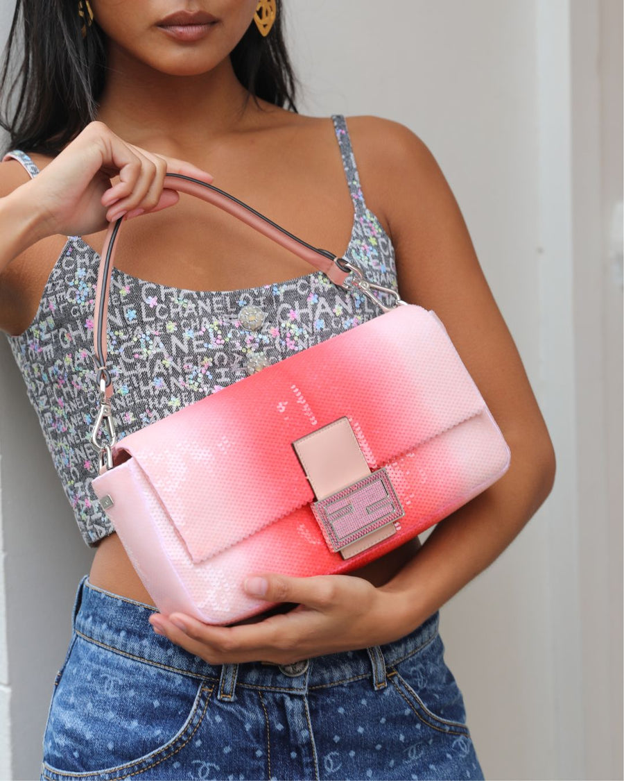 *COLLECTOR'S PIECE* Fendi x Sarah Jessica Parker Baguette Bag in Red & Pink Degrade Sequins with Interchangeable Hardware