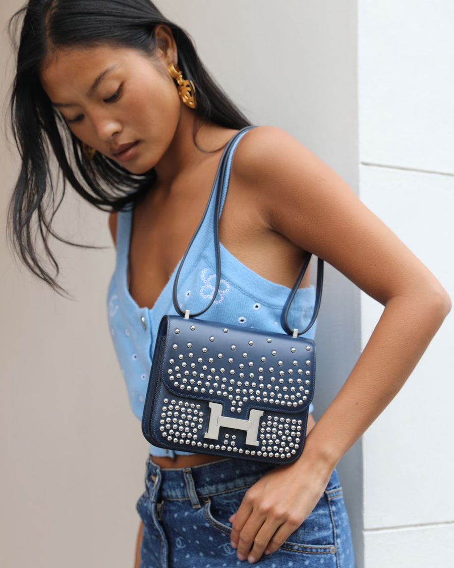*HOT & RARE* Hermès Mini Constance III Miroir 18 Bag in Bleu Abysse Calfskin Box Leather with Palladium Hardware