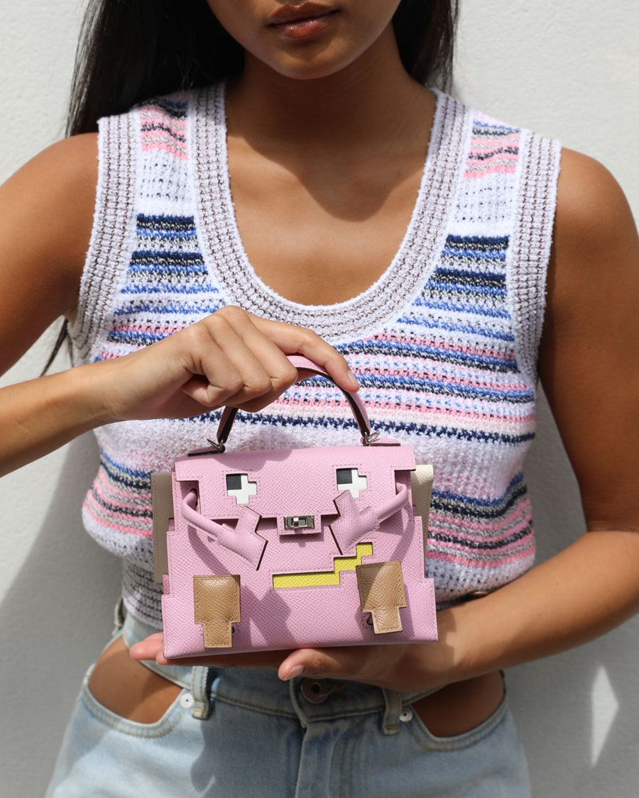 BABA *EXTRA RARE* Hermès Mini Kelly Doll Picto 20 Bag in Mauve Sylvestre, Chai & Lime Epsom Leather with Palladium Hardware