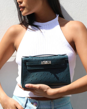 *SUPER RARE* Hermès Mini Kelly Pochette Bag in Vert Cypres Ostrich Leather with Palladium Hardware
