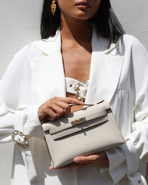 *SUPER RARE* HSS Hermès Kelly Pochette Bag in Beton and Gold Interior Swift Leather with Permabrass Hardware