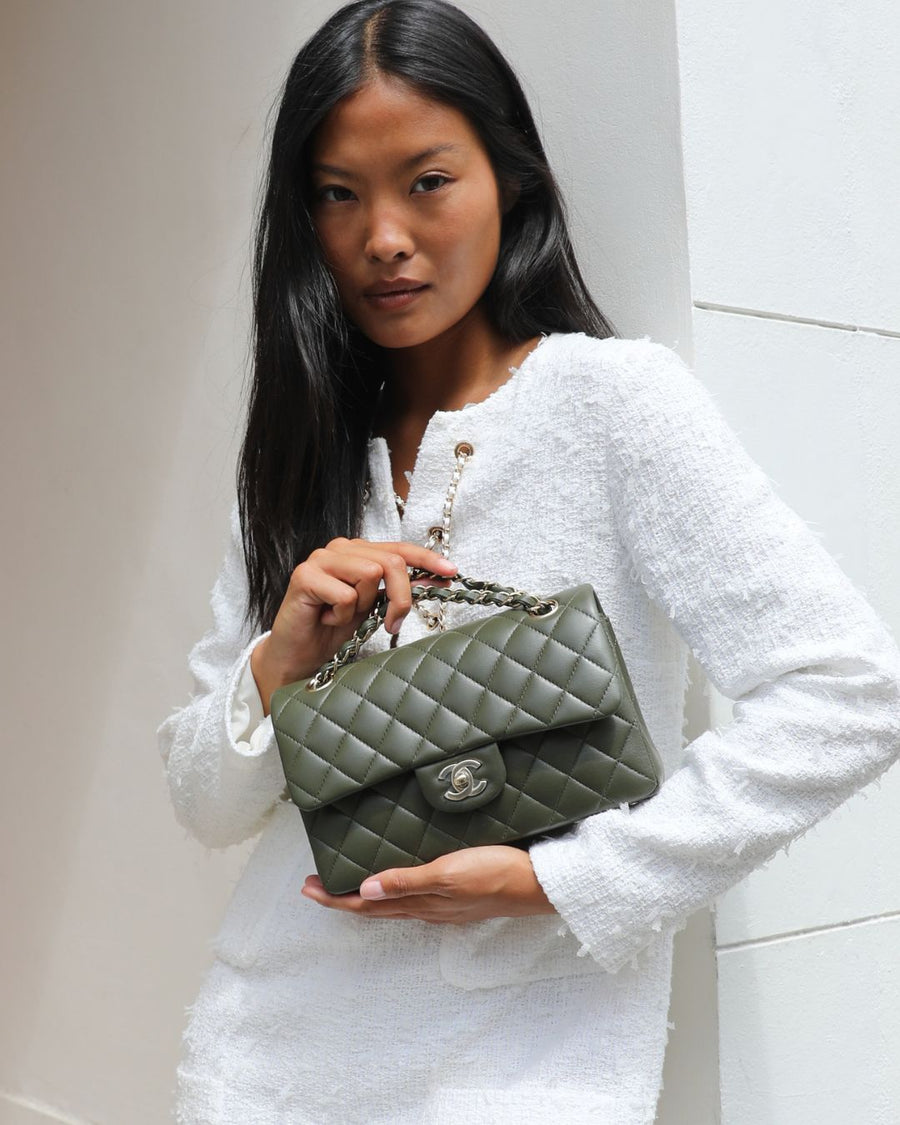 Chanel Olive Green Small Classic Double Flap Bag in Lambskin Leather with Champagne Gold Hardware