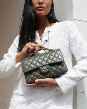 Chanel Olive Green Small Classic Double Flap Bag in Lambskin Leather with Champagne Gold Hardware
